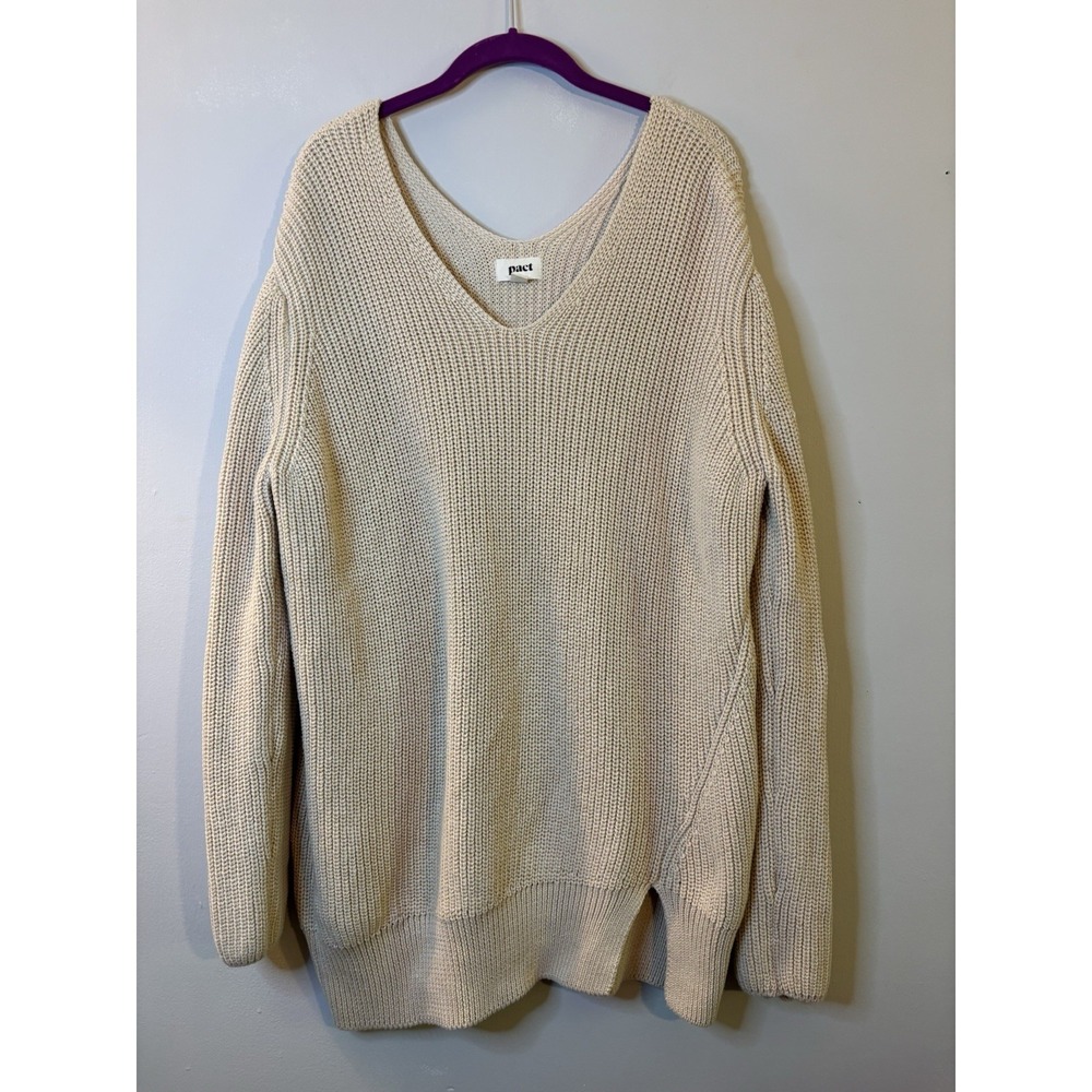 PACT Organic Cotton Beige Chunky Tunic Length V Neck Sweater XL Beach Coastal